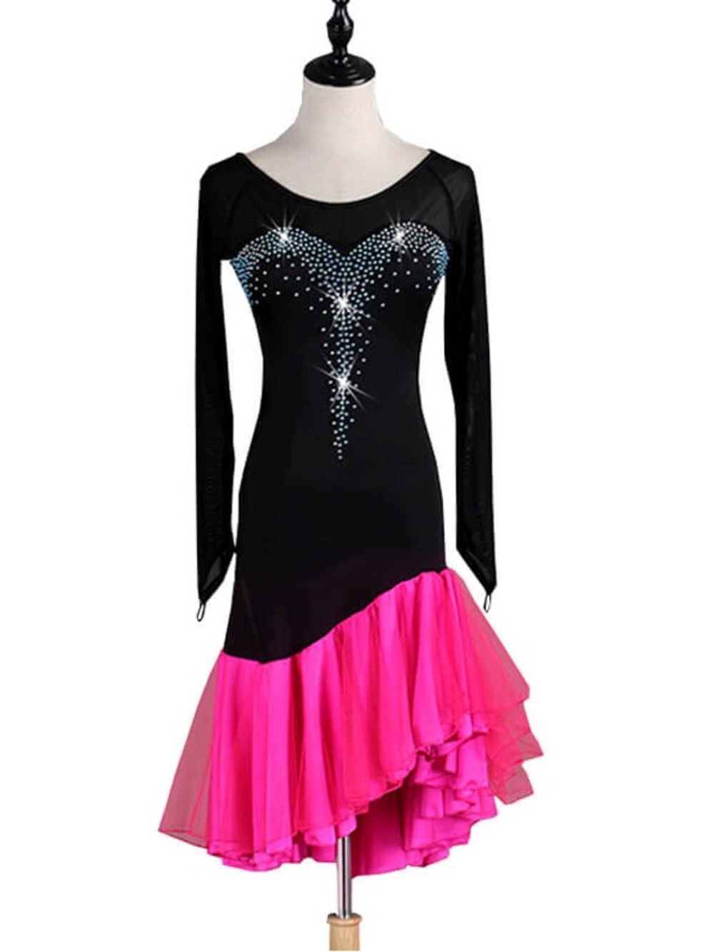 Black and Hot Pink Long Sleeve High-Low Dance Dress with Rhinestone Accent